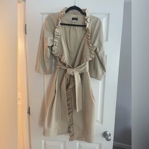 J Crew khaki trench with ruffle detail. Size 6.